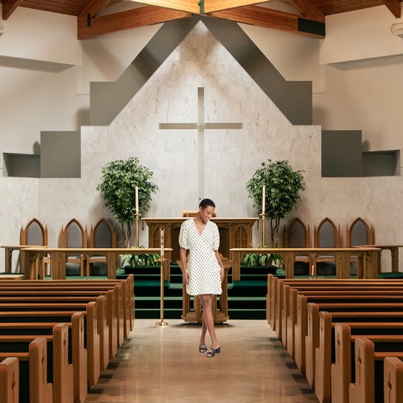 Women's Balloon Short Sleeve Mini Wrap
Dress - A New Day Cream/Black Polka Dots - Picture 1 of 3